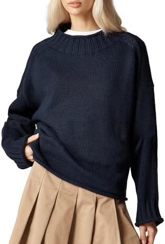 Oversized Sweaters for Women Roll High Neck Hem Long Sleeve Soft Chunky Cable Knit Striped Pullov... | Amazon (US)