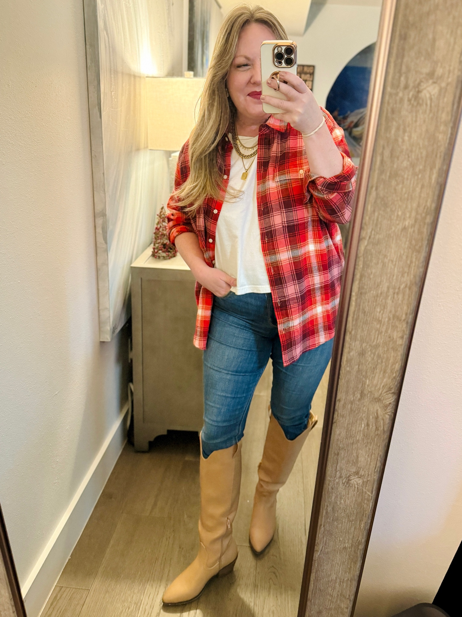 Large tee & flannel; 10 jeans; boots tts

#LTKfindsunder50 #LTKSeasonal #LTKmidsize