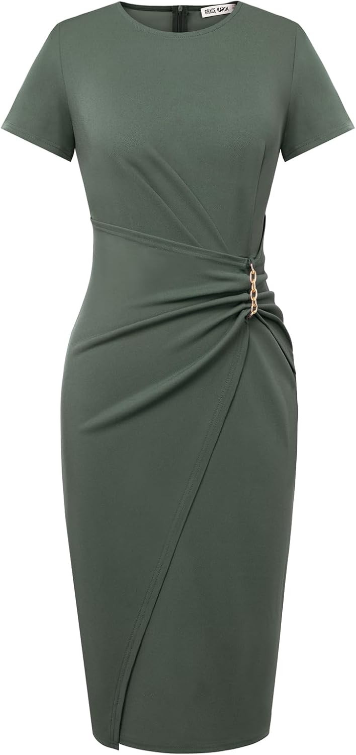 GRACE KARIN Work Dresses for Women 2026 Short Sleeve Sheath Business Midi Dress Wrap Bodycon Office Cocktail Outfits | Amazon (US)