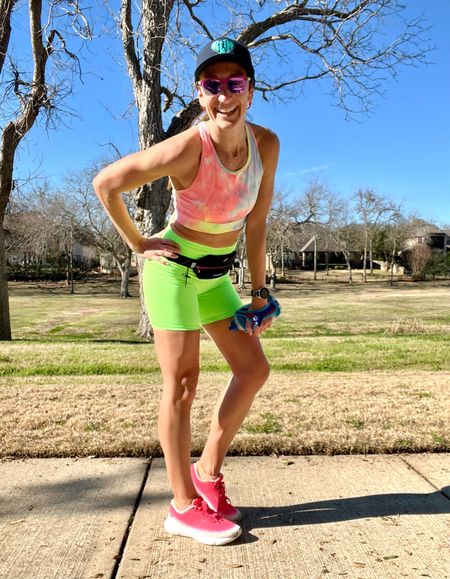Bright and colorful run fit!

Neon green biker shorts | tie dye sports bra | Brooks running shoes | running belt | handheld water bottle | running headphones 

#LTKfitness