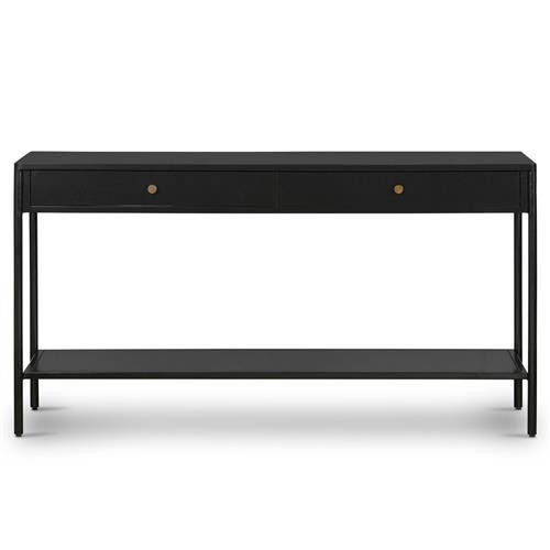 Sutton Industrial Loft Black Iron 2 Drawer Shelving Console Table | Kathy Kuo Home