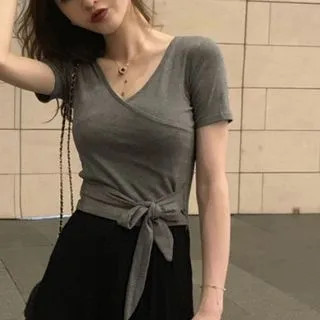 Shinsei - Short-Sleeve V-Neck Plain Wrap T-Shirt | YesStyle.com