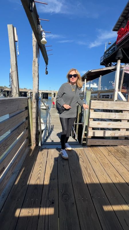 Pulling items from the back of my closet to mix with new items. Super comfortable winter outfit in Charleston for lunch out at Tavern and table on Shem Creek in Mount Pleasant. We grab chicken sandwiches and salads and then walk the dogs and check out a new restaurant next-door. I love these SPANX faux leather leggings, especially with my new Adidas Sambaes. Unfortunately, the gray sweater from Target is sold out. 

#LTKSeasonal #LTKover40 #LTKstyletip
