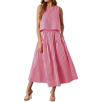 Tankaneo Womens 2 Piece Skirt Sets Summer Striped Sleeveless Tank Tops Midi Dress Travel Vacation... | Amazon (US)