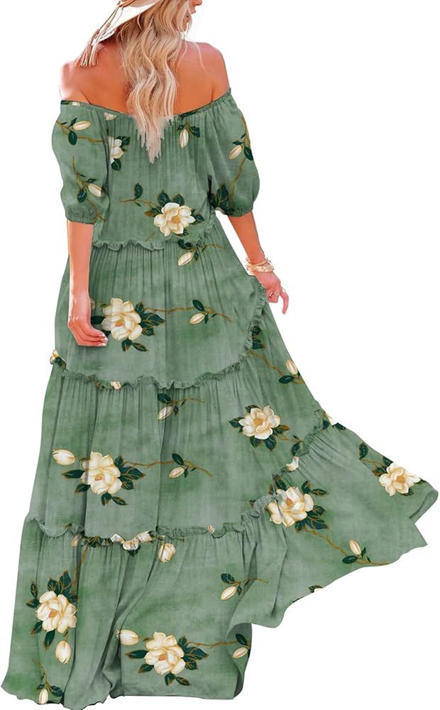 YESNO Women's Summer Casual Off Shoulder Maxi Dress Puff Short Sleeve Bohemian Floral Long Swing Dre | Amazon (US)