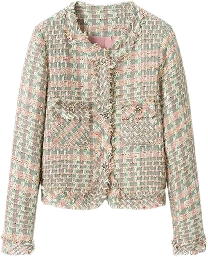 Women's Fall Classic Tweed Long Sleeve Short Blazer Women's Plaid Blazer | Amazon (US)
