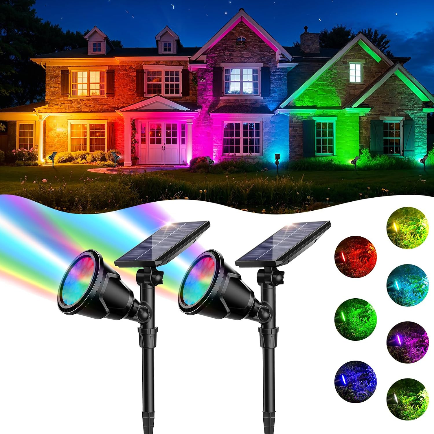 Solar Spot Lights Outdoor, 7 Colors Halloween Christmas Outdoor Lights Waterproof Landscape Light 600LM Solar Spotlight Lighting for House Backyard Pool Patio Garden Decor- 2 Pack | Amazon (US)