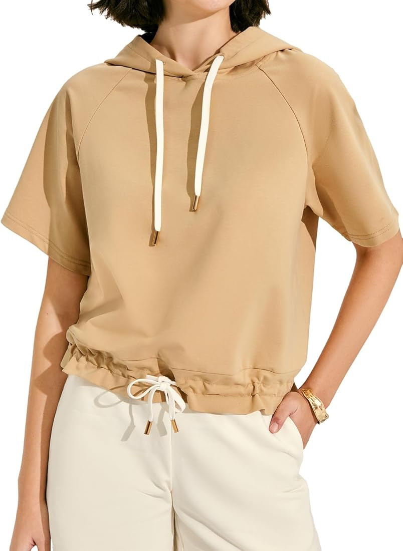 MIHOLL Womens Summer Hoodies Short Sleeve Casual Sweatshirts Workout Drawstring Pullover Tops | Amazon (US)