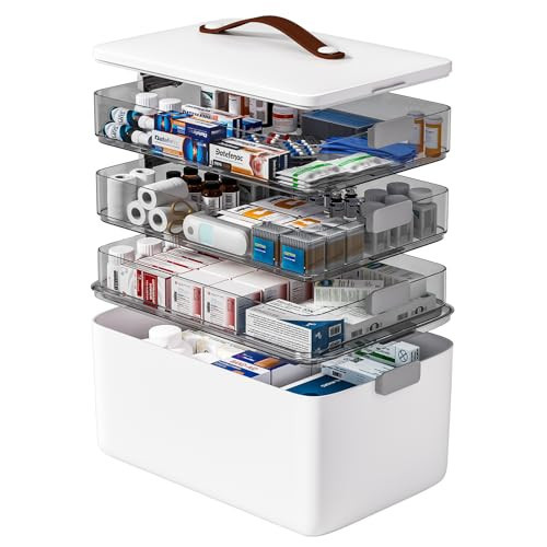 funest 4-Tier Medicine Storage Box Cabinet, Empty First Aid Kit Portable Medical Supply Organizer with Leather Handle for Home | Amazon (US)