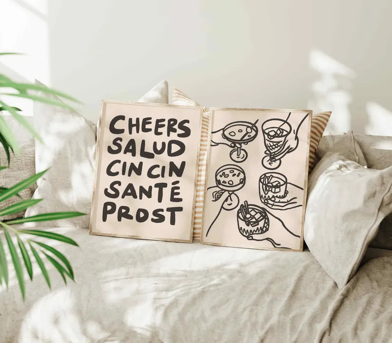 Cheers Print Set of 2, Retro Wine Poster, Neutral Cin Cin Salud Print, Funky Bar Cart Art, Vintag... | Etsy (US)