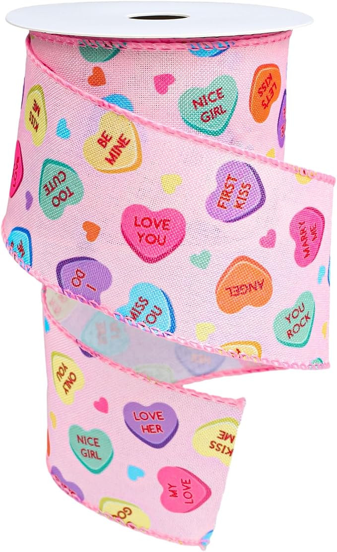 Valentine's Day Wired Edge Ribbon Conversation Heart Wired Ribbon Candy Heart Fabric Ribbon for G... | Amazon (US)