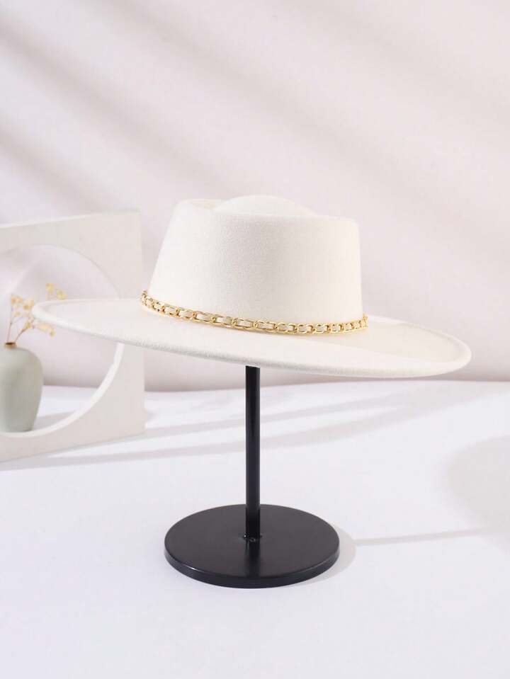 1pc Women's White & Gold Chain Wide Brim Fedora Hat, Bohemian Vintage Style, Warm Woolen Hat Suit... | SHEIN