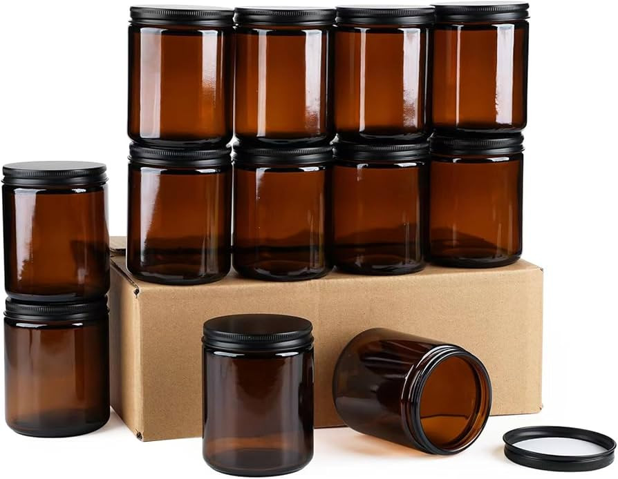 12 Pack Amber Glass Jars, 8 Oz Thick Amber Round Glass Jars, with Black Metal Lids, for Spice, Li... | Amazon (US)