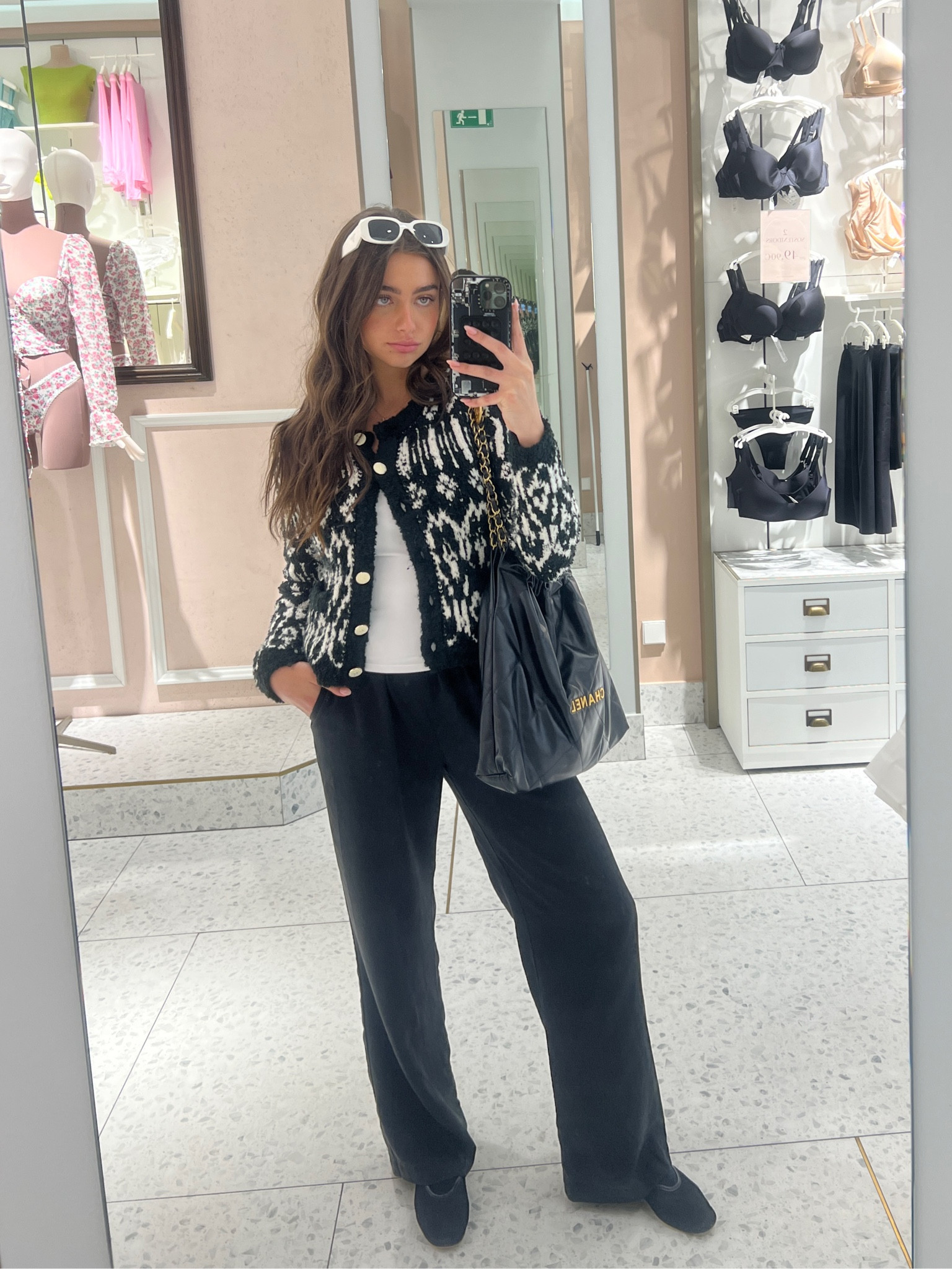 easy outfit for a chilly spring day. 
shoes: Steven Madden ballet flats (wearing socks), great dupe for the Alaia Mesh Mary Jane Ballerina Flats
sweater: Chanel but the linked sweaters I honestly like a little more;)
pants: perfect everyday pants from Reformation
