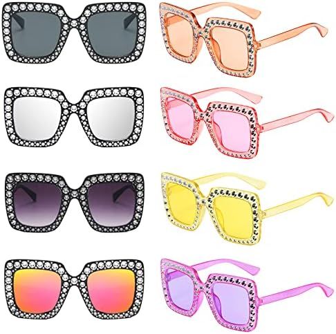 8 Pieces Women Sparkling Crystal Sunglasses Oversized Square Diamond Thick Frame Glasses Funky Bi... | Amazon (US)