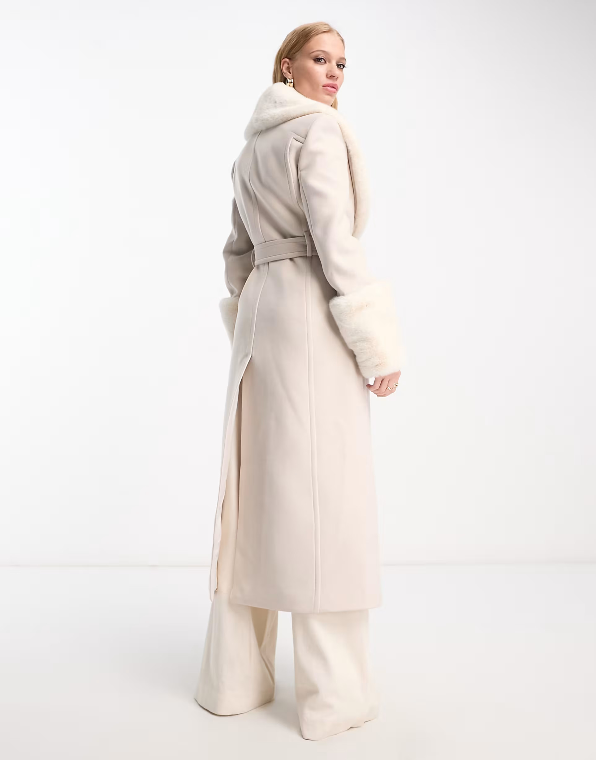 Mango x Camille longline faux fur collar and sleeve tie up coat in beige | ASOS (Global)