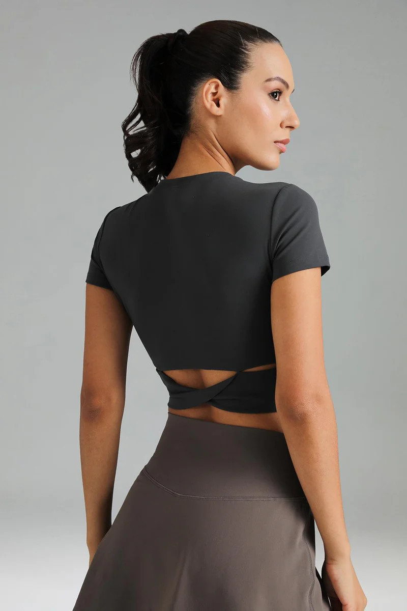 Dreamlux Short Sleeve Cropped Workout Shirt w/ Crisscross Back | Colorfulkoala