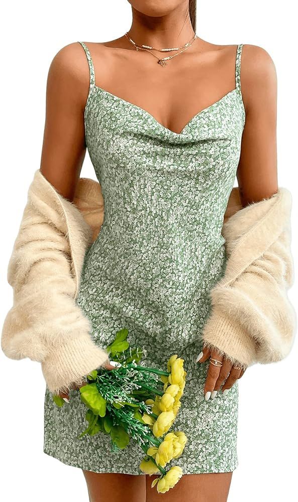 SweatyRocks Women's Ditsy Floral Sleeveless Spaghetti Strap Cowl Neck Cami Dress Draped Belted Boho  | Amazon (US)