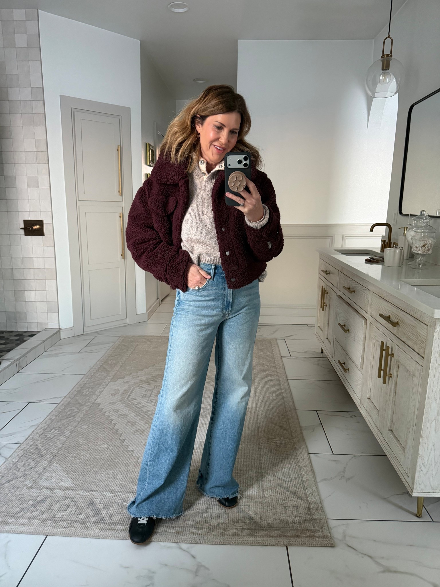 Wearing a size small in trucker Sherpa. Several colors on sale now! 
Mother the hustler size 27


#LTKdayinmylife #LTKOver40 #LTKootd