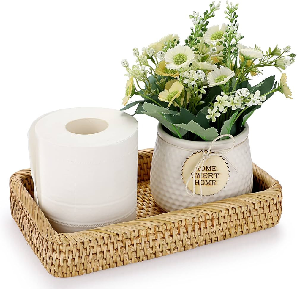 BTSKY Rattan Toilet Tank Tray for Tissue Paper Towel Holder - Wicker Bathroom Vanity Tray Counter... | Amazon (CA)