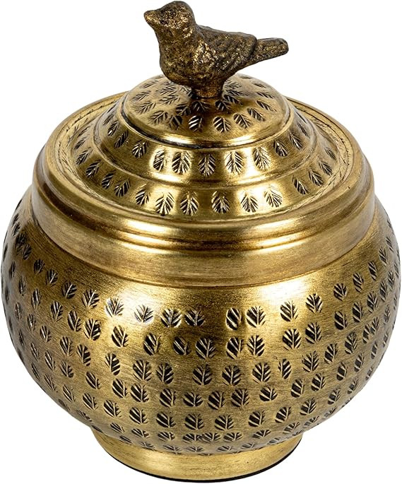 Creative Co-Op Round Hammered Metal Container with Bird Finial, Brass Finish | Amazon (US)