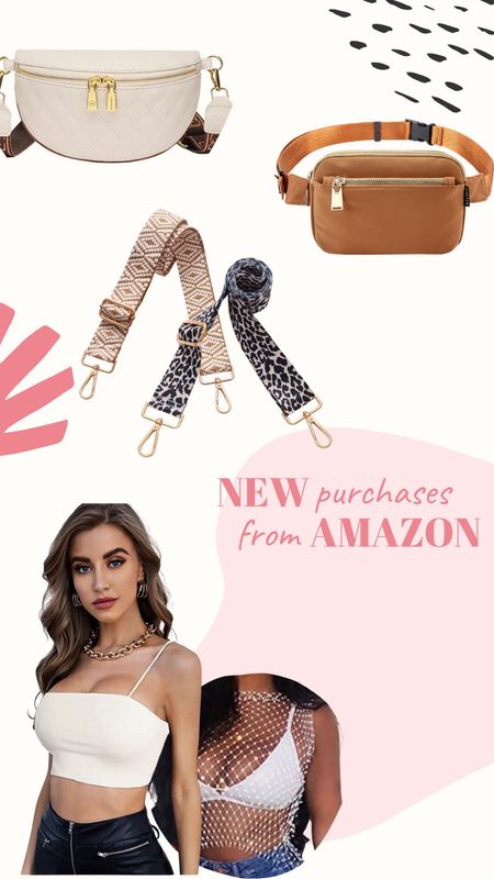 Latest Amazon purchases, mesh rhinestone top, Fanny pack, handbag handles in natural and animal print (leopard)  
