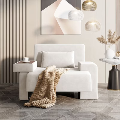 48''W Oversized Accent Chair Sofa Chair with Pillow and Built-In Wood Tray, Cozy Modern Armchair, Beige - ModernLuxe | Target