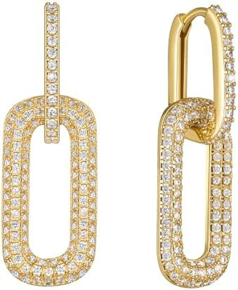 SWEETV 14K Gold Convertible Paperclip Earrings for Women, Cubic Zirconia Dainty Link Huggie Hoop ... | Amazon (US)