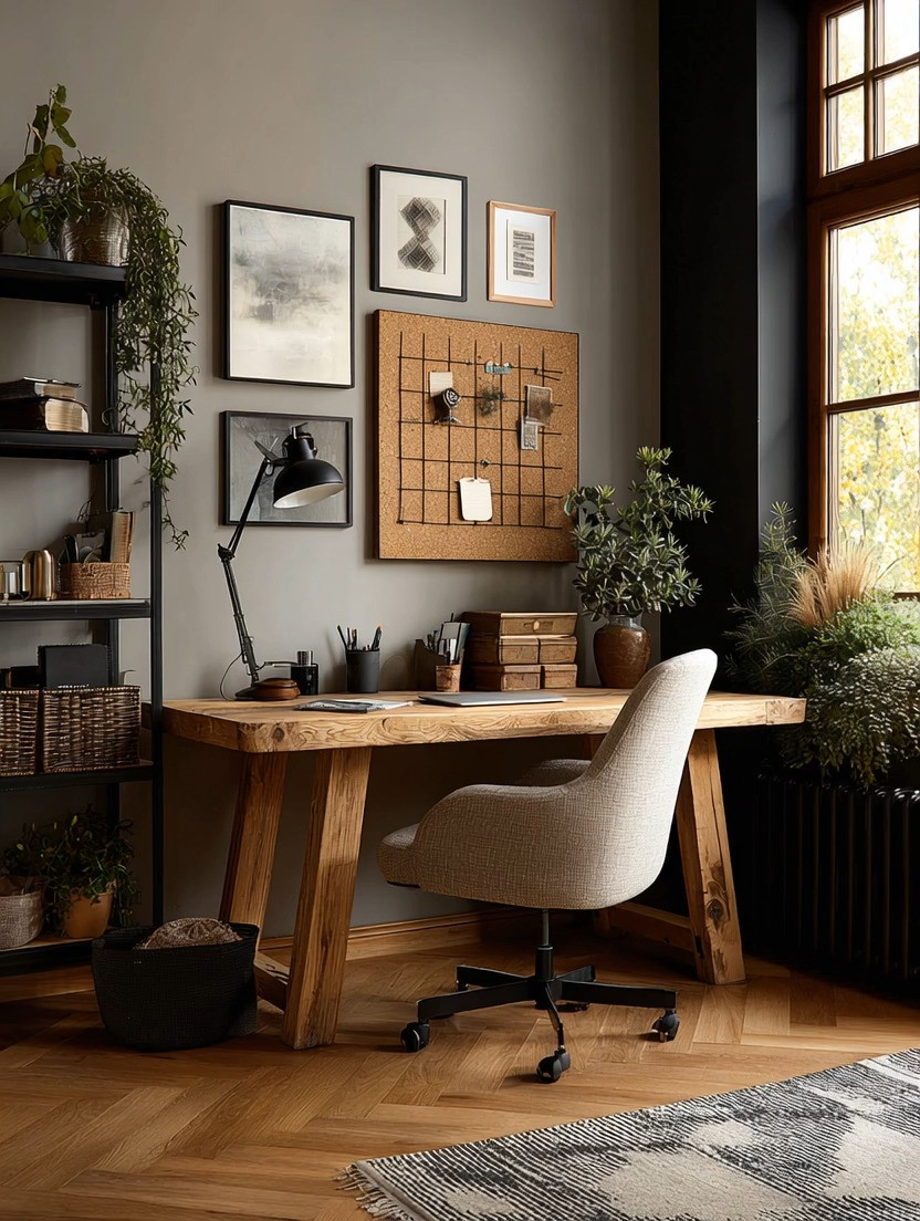 Build a workspace that grounds you and sparks creativity.

This setup is all about natural textures, contrast, and intentional design — a space that feels calm but focused.

Here are the key elements to recreate this look:

• Solid natural wood desk (clean lines, warm tone)
• Ivory upholstered swivel chair (soft, comfortable, elevated)
• Black-framed cork board for ideas, notes, and inspiration
• Black adjustable table lamp for focused deep work lighting
• Matte black shelving unit for storage and styling
• Woven baskets for concealed organization
• Minimal wall art in neutral tones
• Olive tree or greenery for life and balance
• Layered neutral rug to soften the space

The magic is in the balance: wood for grounding, black for structure, ivory for softness, cork for creativity.

This isn’t just a desk. It’s your thinking corner. Your strategy table. Your idea lab.

#HomeOfficeDesign #CreativeWorkspace #GroundedInteriors #OrganicModern 

 #LTKHome #LTKMens