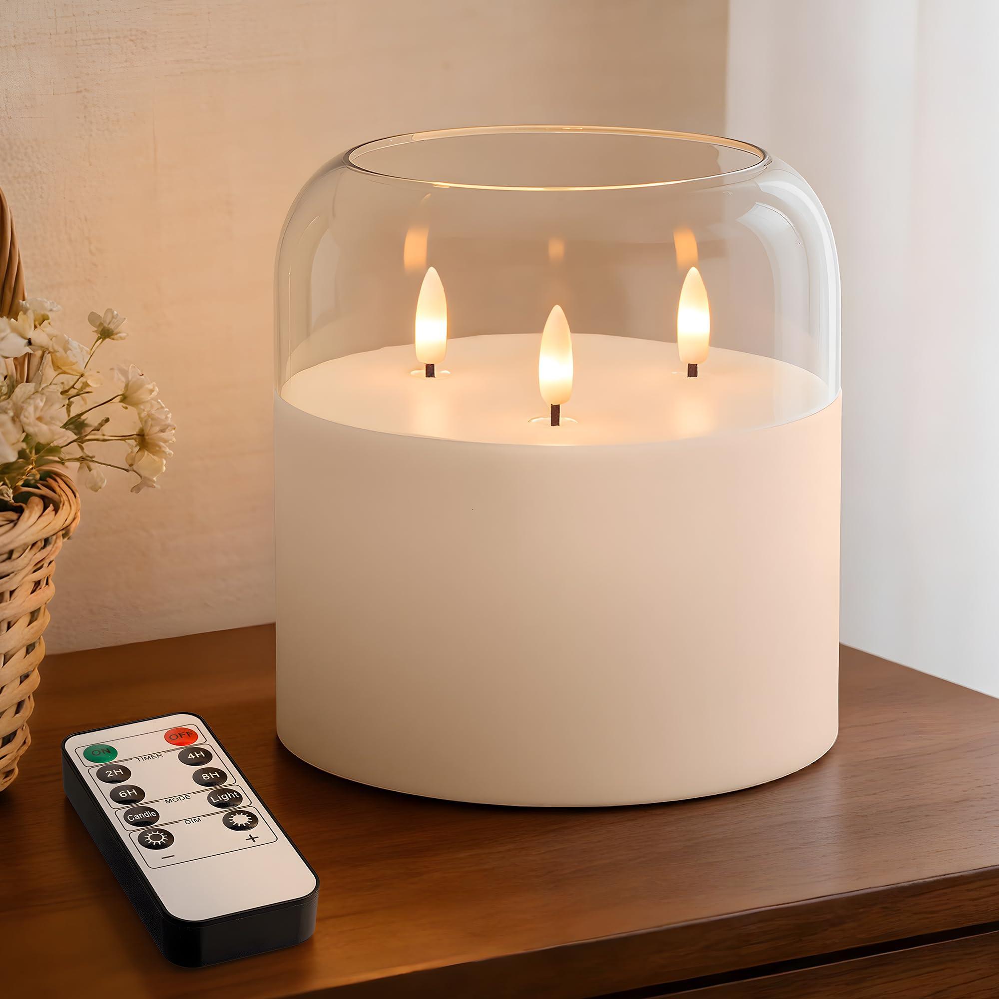 3 Wick Glass Flameless Candle with Remote and Timer, 6"x6" Extra Large Real Wax LED Pillar Candle... | Amazon (US)