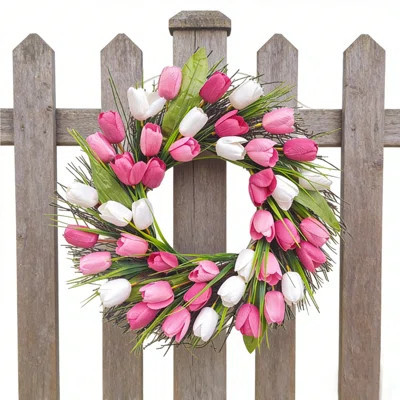 Tulip Wreath for Front Door, 18 Inch Spring Pink Tulip Flower Wreath with Leaves Wreaths for All Seasons Window Wall Wedding Holiday Party Farmhouse M | Wayfair North America