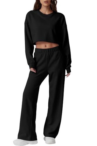 QINSEN 2 Pieces Sweatsuit Sets for Womens Long Sleeve Crossover Open Back Sweatshirt with Long Pants Black XL | Amazon (US)