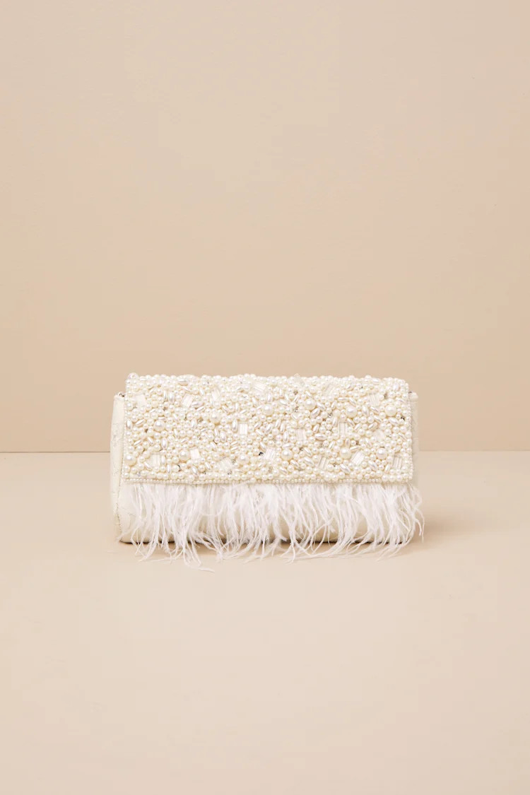 Extraordinary Glow Ivory Lace Pearl Feather Clutch | Lulus