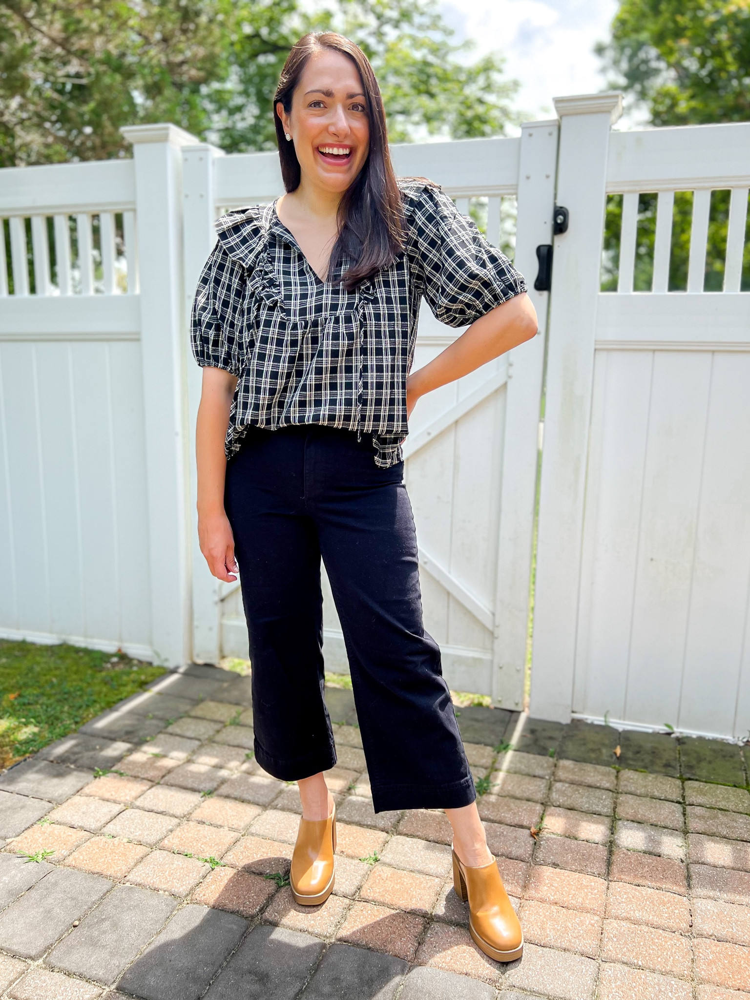 Teacher outfit, back to school, plaid top, loft fashion, wide leg pants, old navy pants, heeled mules, black outfit 

S top
4 petite pants
Tts mules

#LTKworkwear #LTKstyletip #LTKBacktoSchool