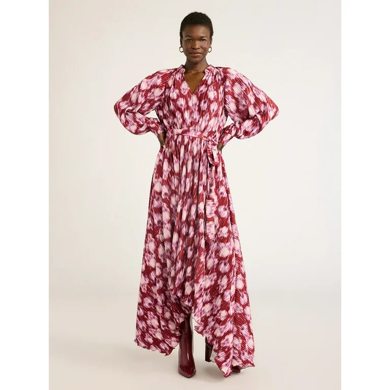 Scoop Women’s Pleated Handkerchief Hem Dress with Long Sleeves, Sizes XS-XXL | Walmart (US)