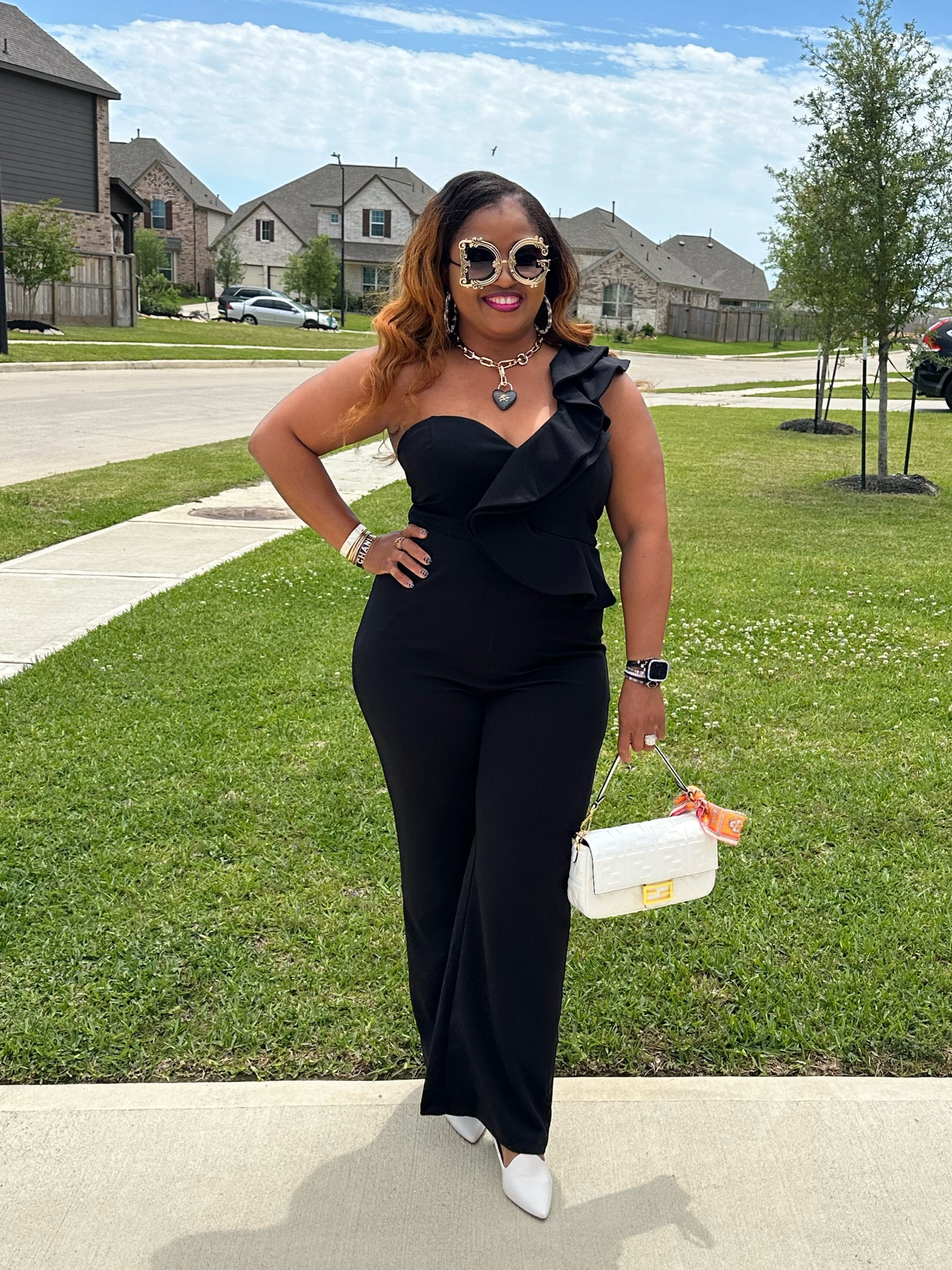 One shoulder ruffle jumpsuit. Available in multiple colors. Paired with White pumps and white bag for a fabulous evening or date night look!

#LTKStyleTip #LTKWedding #LTKBeauty