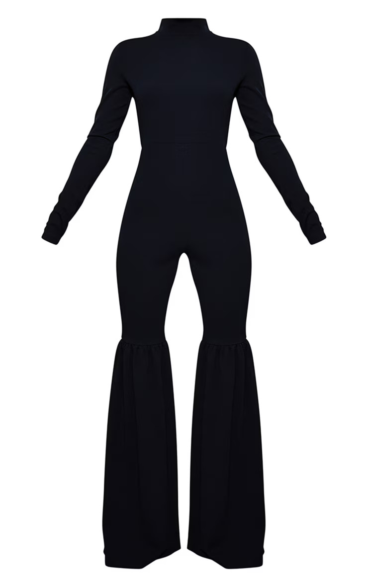 Black High Neck Extreme Flare Long Sleeve Jumpsuit | PrettyLittleThing US