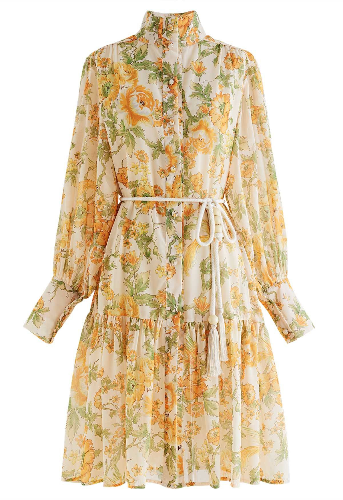 High Neck Orange Floral Printed Dress | Chicwish