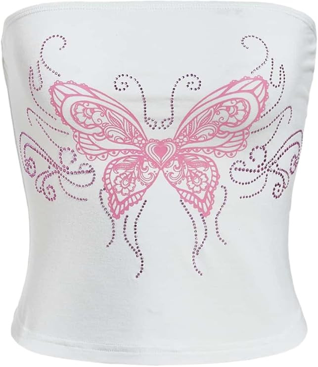 SOLY HUX Women's Rhinestone Butterfly Print Y2K Crop Tops Sleeveless Strapless Summer Bandeau Tub... | Amazon (US)