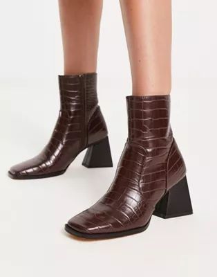 London Rebel square toe triangle heel boots in brown croc | ASOS (Global)