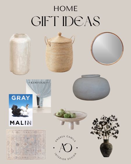 Holiday gift guides and ideas for those who love their home and staying in. Beige vase. Luxurious woven basket with lid. Large Round wooden frame mirror. Coffee table books. Wooden fruit bowl. Best artificial branches. Pale Blue area rug. 

#LTKCyberWeek #LTKGiftGuide #LTKhome