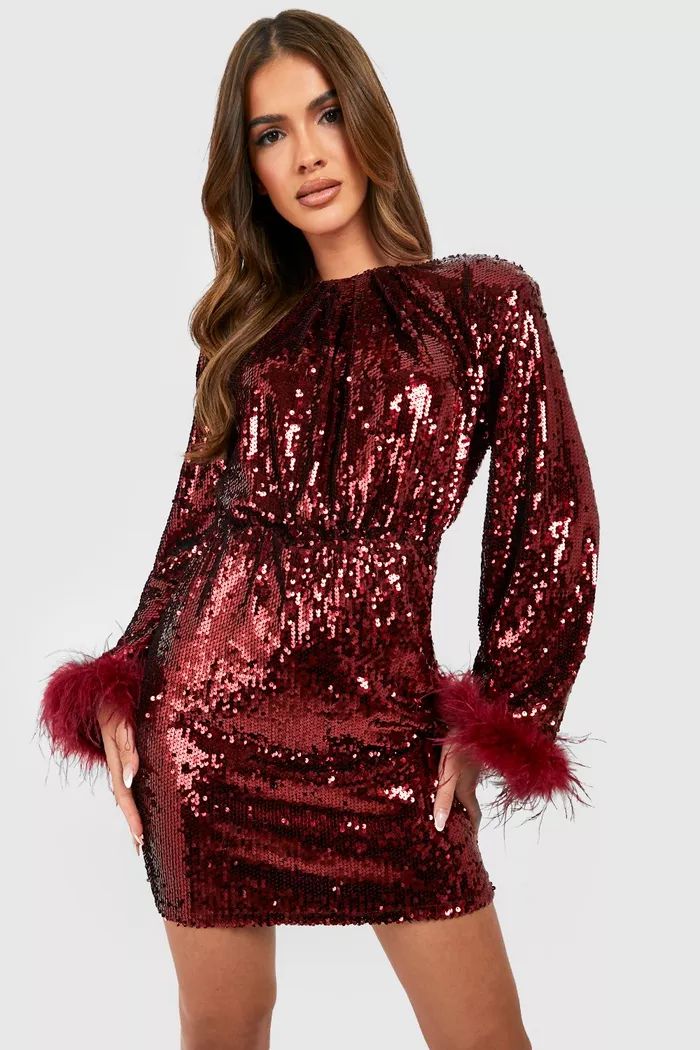 Sequin Feather Cuff Shift Party Dress | boohoo (US & Canada)
