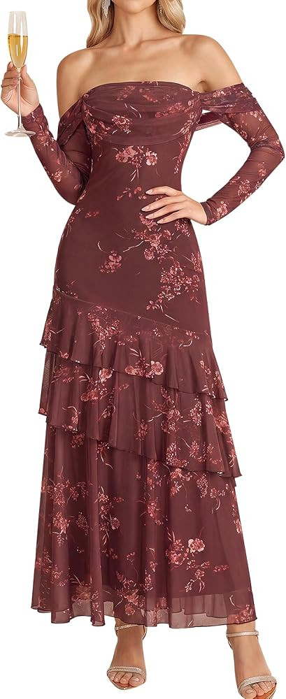 Off Shoulder Long Sleeve Maxi Fall Formal Wedding Guest Dress | Amazon (US)