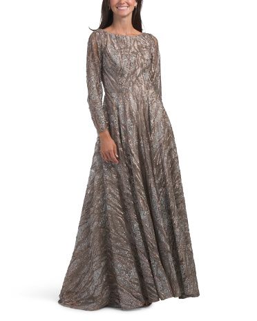 Long Sleeve Lace And Sequin Detail Gown | TJ Maxx