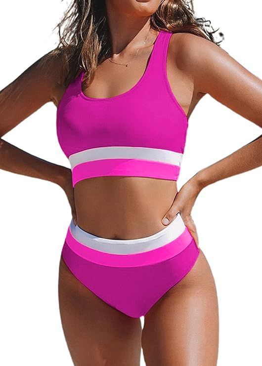 Hilinker Women's High Waisted Bikini Cut Out Sports Crop Top Color Block Swimsuit | Amazon (US)