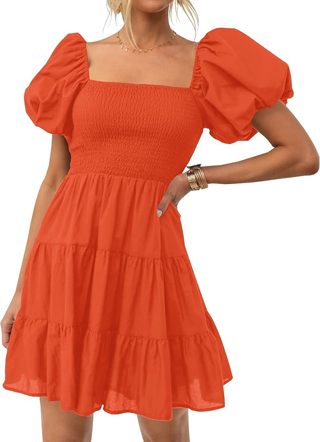 ZESICA Women's 2023 Boho Summer Square Neck Puff Sleeve Off Shoulder Smocked Tiered Casual A Line... | Amazon (US)