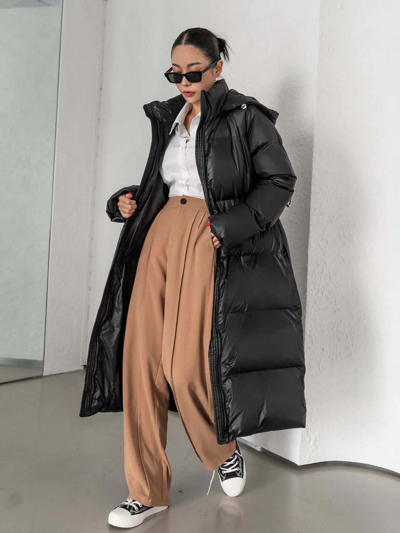 DAZY Solid Drawstring Hooded Zipper Belted Puffer Thick Pockets Coat | SHEIN