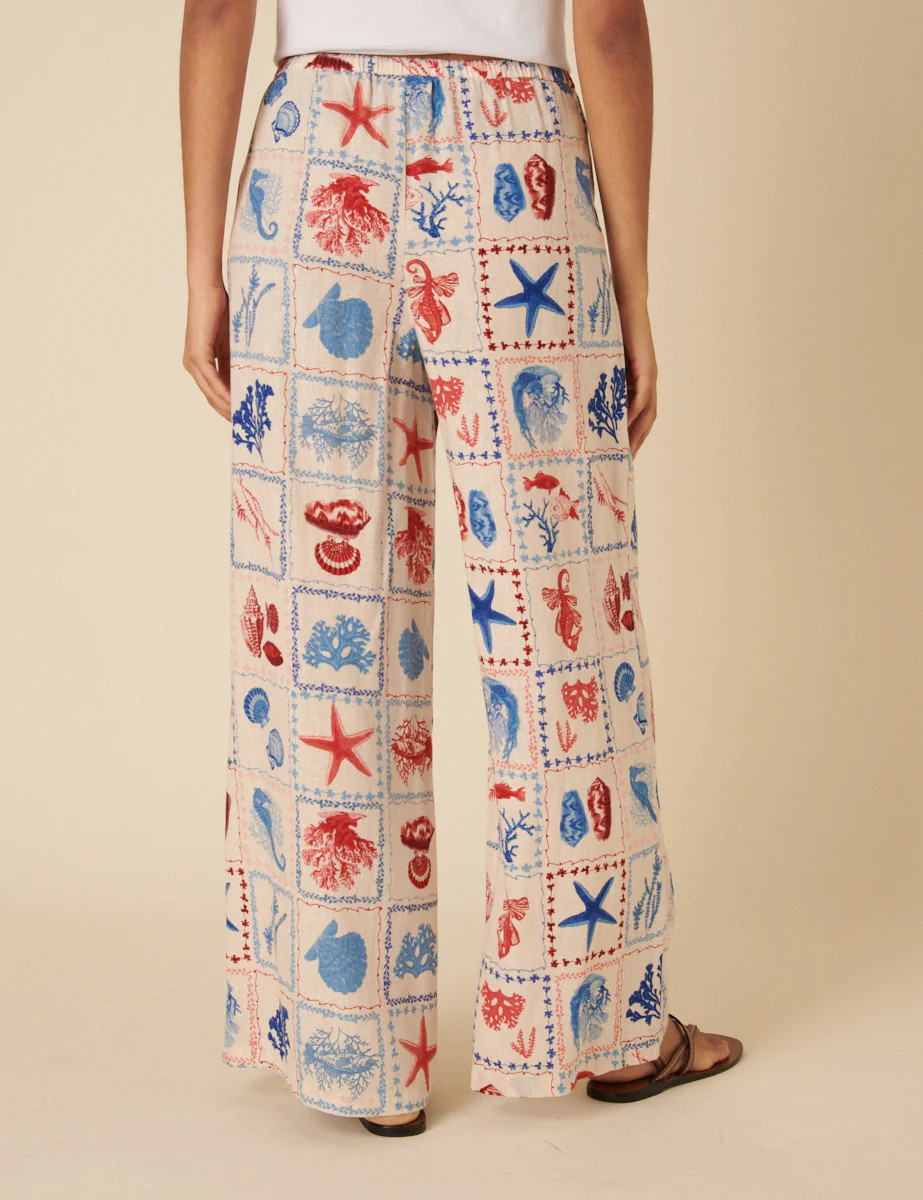 Cream Linen-blend Shell Print Relaxed Trousers | Nobody's Child