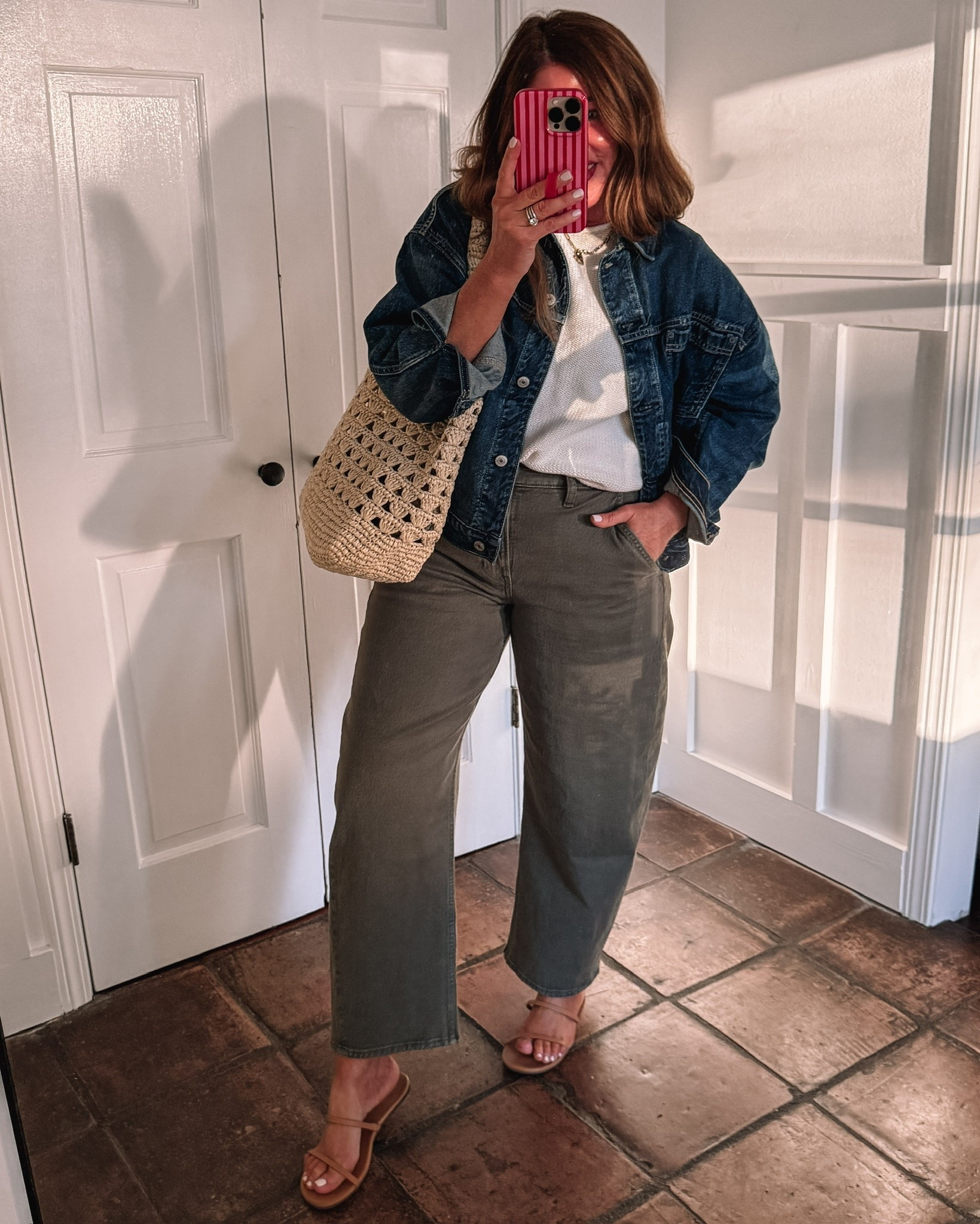 Comfy spring outfit 🥰 @abercrombie  20% off with code: AFLTK

High rise olive barrel jeans with comfort stretch/29 regular length, look for less swing denim jacket/medium, straw tote bag on sale/30% off/$24.50, look for less sandals/true to size

#LTKSaleAlert #LTKxAbercrombie #LTKMidsize