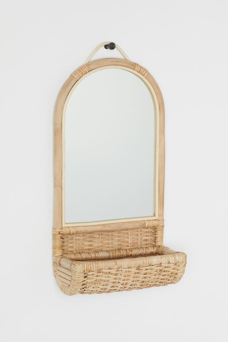 Mirror with a frame and braided storage basket in rattan. Rounded top edge with a large loop for ... | H&M (US + CA)